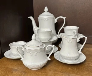 Set caffè Wtoctawek porcellana bianca lucida vintage pentola crema zucchero e 5 tazze - Foto 1 di 10
