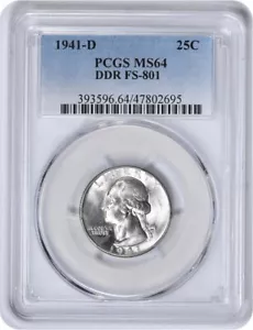 1941-D Washington Silver Quarter DDR FS-801 MS64 PCGS - Imagen 1 de 2