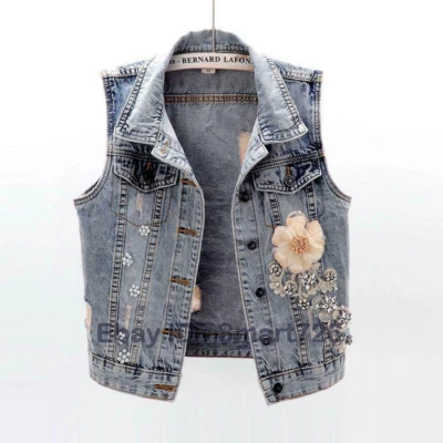Женщин джинсовой ткани со стразами цветок без рукавов жилет повседневные джинсы кнопка жилет пальто - Изображение 1 из 4