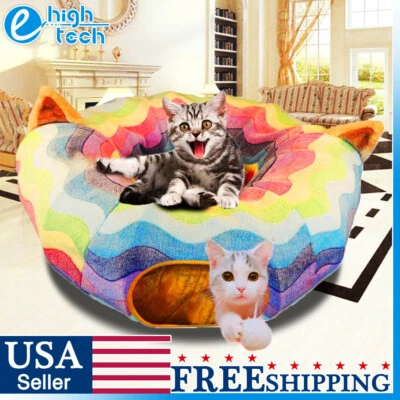 HOMEYA Cat Tunnel Bed Toy With Central Mat and Peek Hole Collapsible Hanging Ball Toys