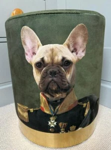 Quirky Stool - French Bulldog Vintage Military Uniform - Green Velvet Gold Base - Picture 1 of 7