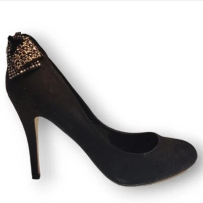 #453 New Vintage Classy Business Pumps Rhinstone Bow Backs Size 11 Black Velvet  - Image 1 of 4