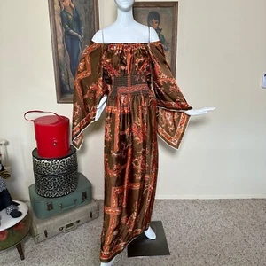 Vintage 1970s Scarf Angel Sleeves Woodstock Hippie Maxi Gown Dress L/XL - Picture 1 of 13