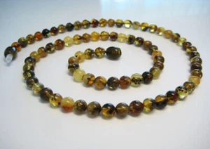 Genuine Round Green Cognac Yellow Amber Beads Baltic Amber Necklace 17.7 in ! - Picture 1 of 7