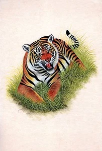 India Wild Tiger Miniature Art Handmade Watercolor Ethnic Animal Paper Painting - Picture 1 of 2