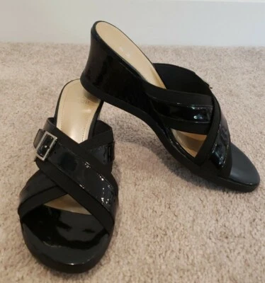 Alex Marie Emerge Black Cross Strap Wedge Slip on Sandals Buckle Womens Size 8M - Image 1 of 4