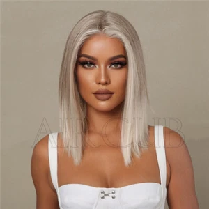 Ash Blonde White Balayage Highlights BOB 12 inch Wig Straight Lace Front Wigs - Picture 1 of 10