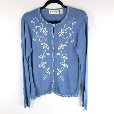 Cárdigan suéter Orvis para mujer mezcla de lino de seda bordado azul blanco talla M Foto 1 de 4
