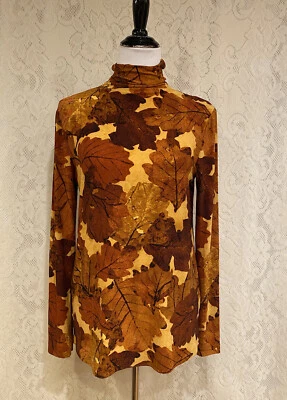 Diane Von Furstenberg DVF fall leaves print jersey mock neck long sleeve top, M Foto 1 de 4
