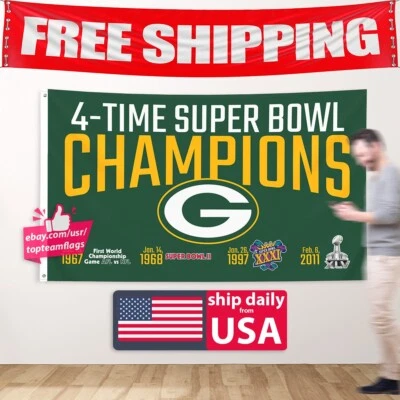 Green Bay Packers Flag 3X5 Ft Banner 4 Time Super Bowl Champions US Seller - Image 1 of 4