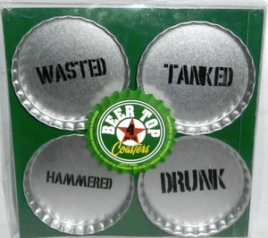 BEER TOP COASTERS ~4 Pack ~ WASTED/TANKED/HAMMERED/DRUNK ~2 3/4Dia. Ea. - Picture 1 of 1