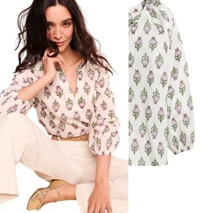 J. Crew Printed V Neck Long Sleeve Cotton Blouse Cream Purple Size M NWT $80 - Picture 1 of 13