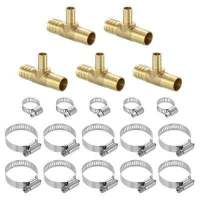 5pcs Brass Hose Barb Fittings, 3-Way Tee 3/4" x 1/2" x 3/4" Barbed - Image 1 of 4