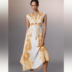 NUEVO CON ETIQUETAS FARM RIO ANTHROPOLOGIE Maxi Vestido Sin Mangas Amarillo Naranja Talla Mediana - Imagen 1 de 12