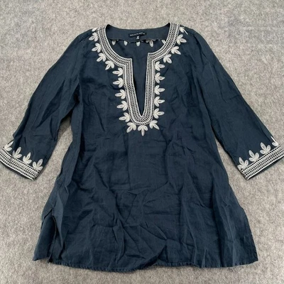 Top túnica boho Saks Fifth Avenue 100 % lino bordado manga 3/4 azul marino M Foto 1 de 4