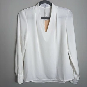 Pearl By Lela Rose Fluid Crepe V-Neck Blouse-Ivory-Long Sleeve-Size 2-NWT - Picture 1 of 8