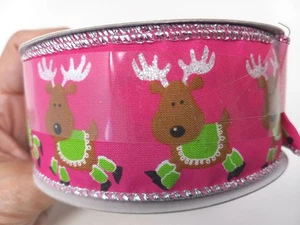 New Whimsical Christmas Ribbon Hot Pink Reindeer Made Taiwan 1.5" Wide 25 ft - Picture 1 of 4