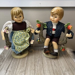 Hummel Large Dolls Porcelain 13" Boy Girl Sitting Apple Tree Collectible Set - Picture 1 of 11