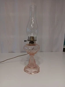 PINK PASTEL GLASS BEADED HEARTS Electric Electrified oil lamp W/chimney HTF RARE - Picture 1 of 9