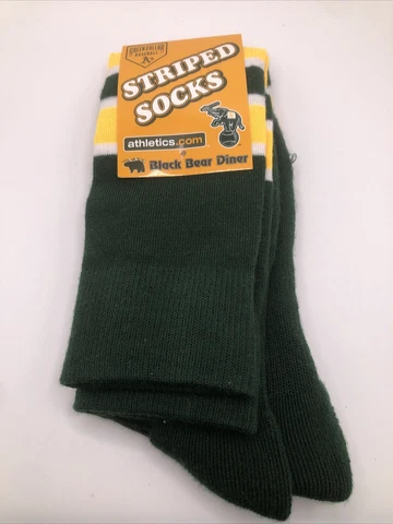 NEW OAKLAND A'S SGA GREEN, GOLD & WHITE "STRIPED" SOCKS-BLACK BEAR DINER Cover