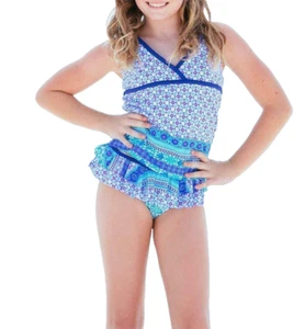 CABANA LIFE Toddler Girl 3T Turquoise Tile UPF 50 Ruffled Tankini Swimsuit NWT - Picture 1 of 3