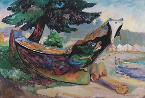Reproducción artística de canoa de guerra de las Primeras Naciones, pintura Alert Bay de Emily Carr - Imagen 1 de 3