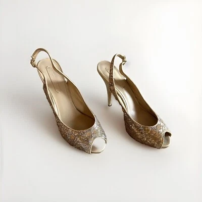 BCBG Max Azria Gold/Silver Sequined Platform Peep toe Heel, Size 10 - Image 1 of 4