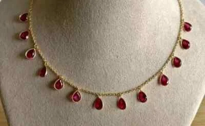 4CT Pear Cut Lab Created Pink Tourmaline Chain Necklace 14k Yellow Gold Finish - Image 1 of 3