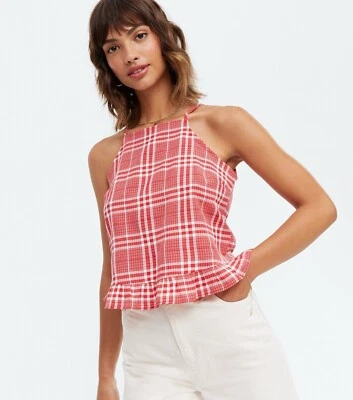 NEW LOOK RED & WHITE CHECK SQUARE NECK RUFFLE FRILL PEPLUM CAMI TOP UK 12 BNWT - Image 1 of 4