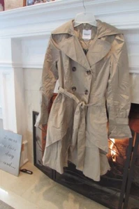 BEBE LT Camel Double Breasted Belted Lightweight Ruffled French/Trench Coat Sz S - Picture 1 of 12