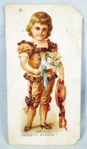 Victorian Trade Card Use Muzzy's Corn Starch Elkhart Indiana Child Flowers - Picture 1 of 2