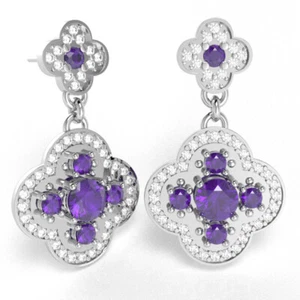 Shamrock Clover Flower Leaf Amethyst Diamond Earrings In 14k Gold - Picture 1 of 17