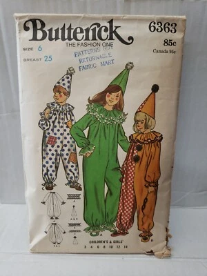 Butterick Sewing Pattern #6363 Clown Costume Child Sz 6 Halloween -Cut Complete- - Image 1 of 4