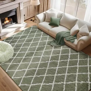 Fluffy Area Rug 8x10 Stripe Checkered Soft Carpet Mat for Living & Bedroom Floor - Picture 1 of 42