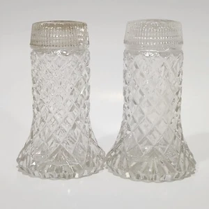 Vintage Salt Pepper Shakers Clear Glass Diamond Pattern Glass Tops 3" 1950s - Picture 1 of 4