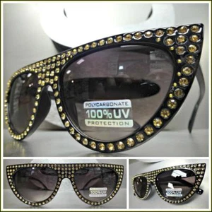Classy Retro Cat Eye Style SUN GLASSES Black Frame Sparkling Bling Rhinestones - Picture 1 of 7