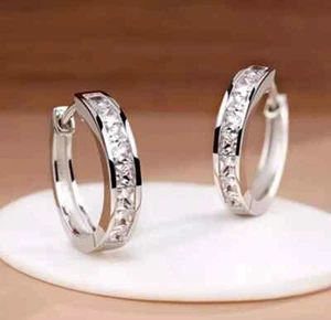 2Ct Princess Cut Lab-Created Diamond Huggie Hoop Earrings 14k White Gold Plated - Picture 1 of 2