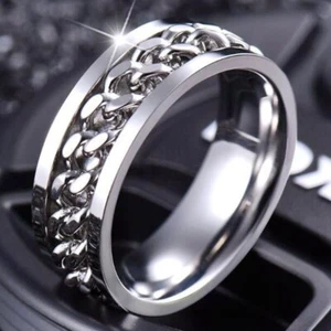 Anti Anxiety Spinner Fidget Rotating Cuban Men Women Silver Stainless Steel Ring - Picture 1 of 4