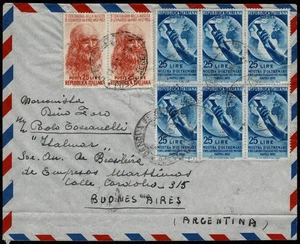 1952 AEROGRAMMA DA GENOVA A BUENOS AIRES L 25 LEONARDO + 25 L. MOSTRA OLTREMARE - Imagen 1 de 2
