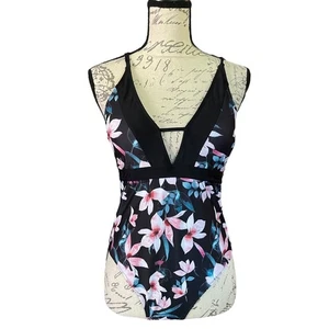 Sporlike Tropical Floral Print Plunge Front One Piece Swimsuit Size Small NEW - Picture 1 of 2