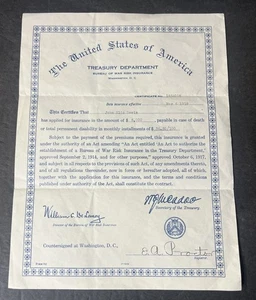 United States of America Treasury Department Insurance Certificate Vintage, 1918 - Picture 1 of 14
