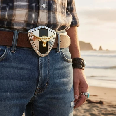 Tx Uomo Metallo Argento Cowboy Cintura Fibbia Texas Lone Corno Mucca Oro Bull - Immagine 1 di 4