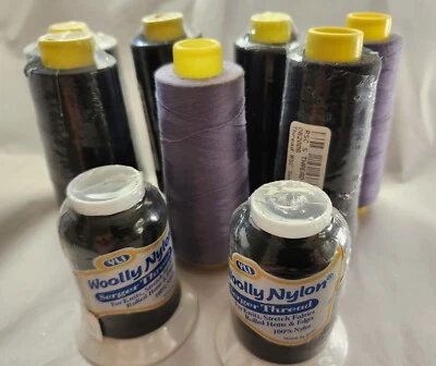 Lot Of 9 Rolls Serger Nylon Sewing Thread Black, Gray, Lilac Cones - Image 1 of 2