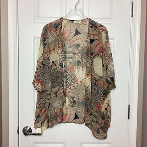 Umgee Sz Small/Medium Boho Feather Print Kimono Coverup Pompom Trim Tan Orange - Picture 1 of 8
