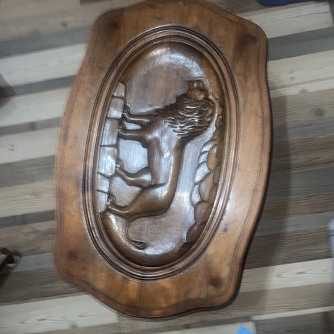 Antique French (no) Glass Top Tray Coffee Table with Carved Lion Picture Cover