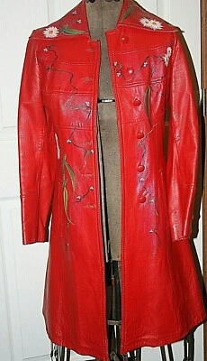 Casaco de couro genuíno vintage feminino Marquês de Londres anos 60/70 vermelho pintura à mão  - Imagem 1 de 4