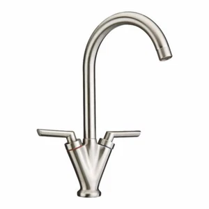 Stainless Steel Tap Double Lever Kitchen Sink Taps Mono Bloc High Swan Swivel - Picture 1 of 10