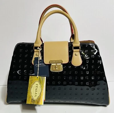 NWT ARCADIA BLACK & TAN PATENT LEATHER SHOULDER  SATCHEL BAG ~ GENUINE LEATHER - Image 1 of 4
