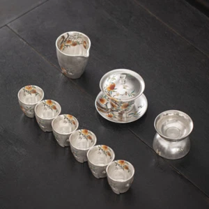 Sterling Silver Ceramic Tea Set Peach Print Chinese Kungfu Tea Set Handmade New - Picture 1 of 12
