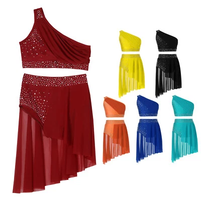Girls One Shoulder Crop Top with Skirted Briefs Set Lyrical Jazz Dance Costume - Image 1 of 4